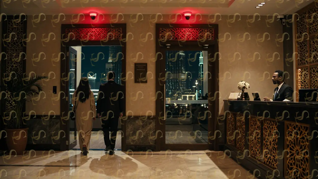 Luxury hotel lobby at midnight during Ramadan, receptionist watching two people enter separately under surveillance cameras.