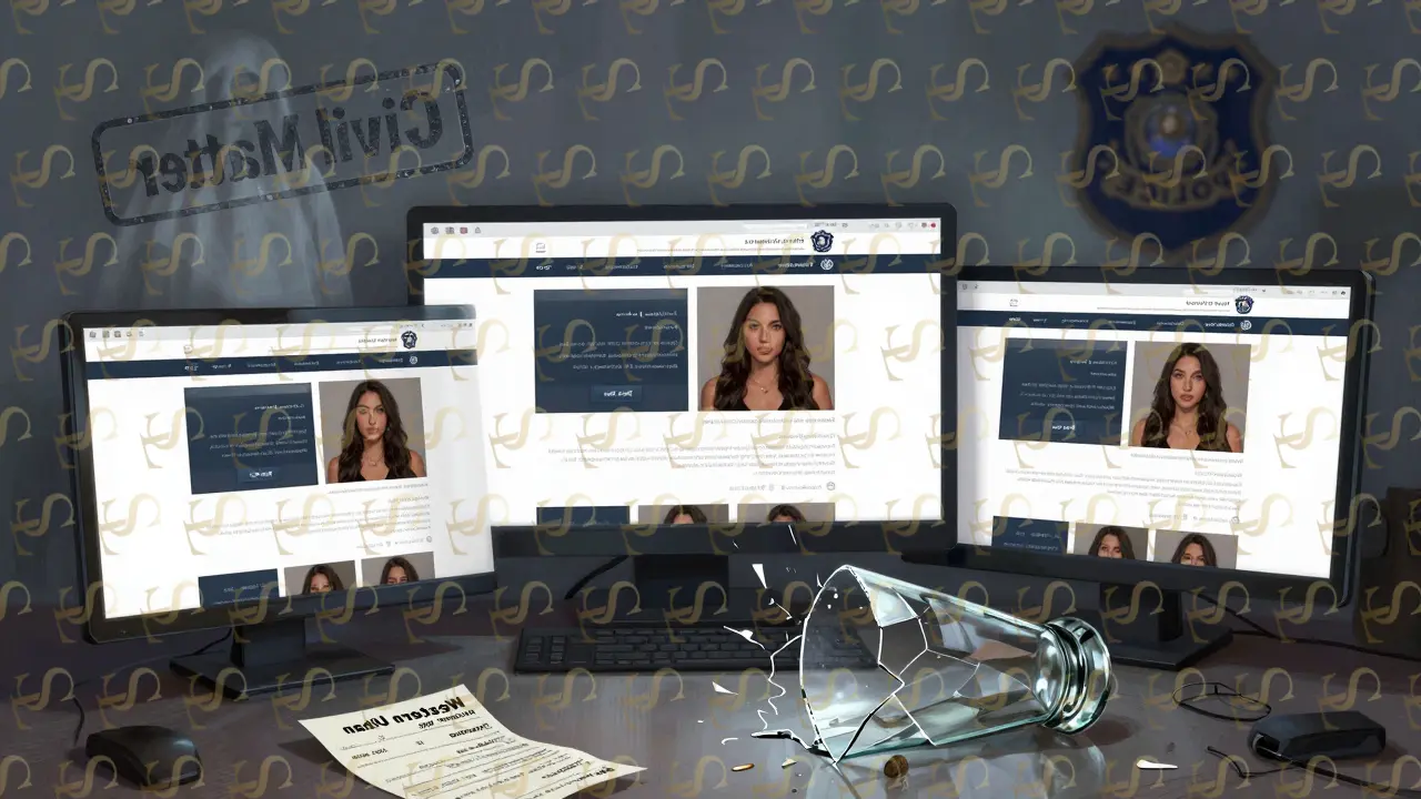 Multiple fake escort websites on screens, showing duplicate stock photos and a shattered vase beside a money transfer receipt.