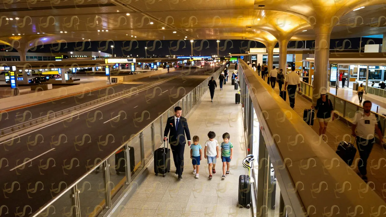 VIP escort leads a family through a quiet corridor at Dubai Airport, avoiding crowded terminals with ease.