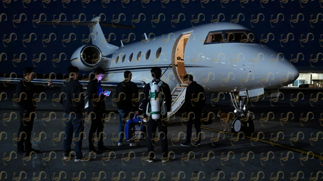 Six passengers board a private jet at night, carrying personal belongings without luggage queues.