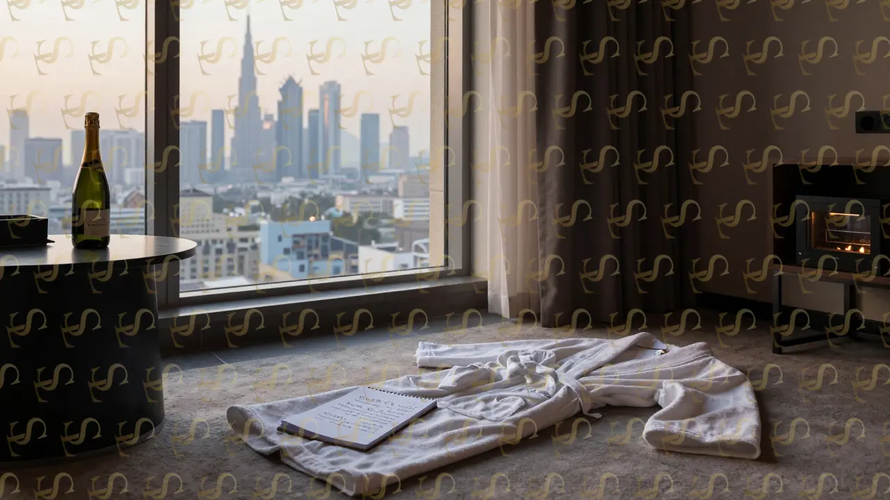 Empty hotel room at dawn, robe and notepad left behind, champagne bottle half-empty.