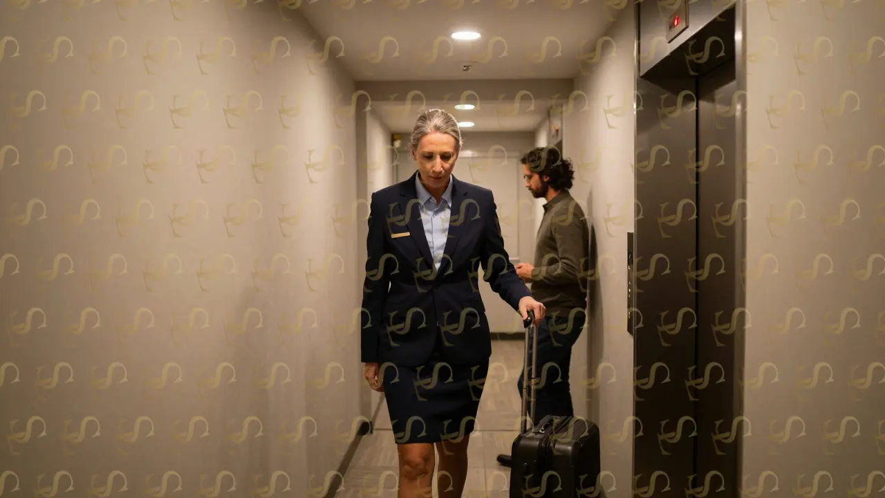 A hotel staff member silently greeting a guest in a dim, sound-absorbing corridor with no cameras.