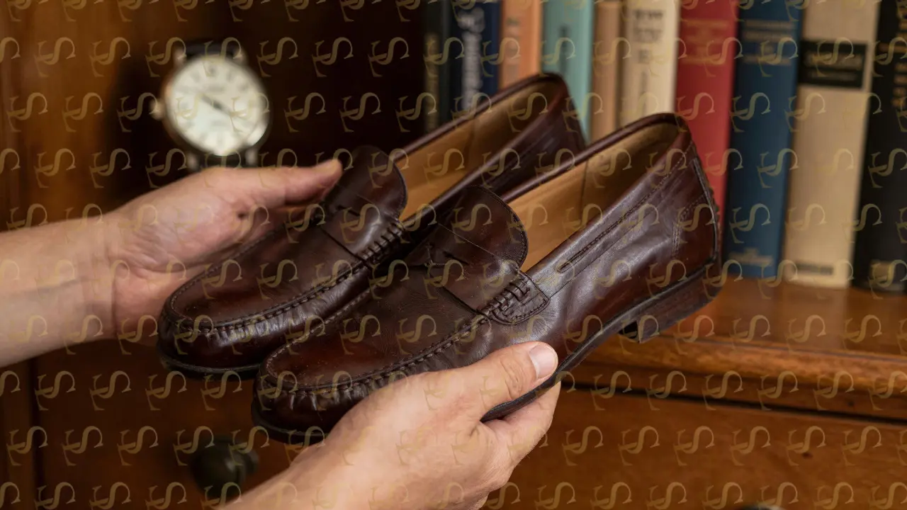 Well-worn leather loafers with natural patina, resting on a wooden surface beside a vintage watch.