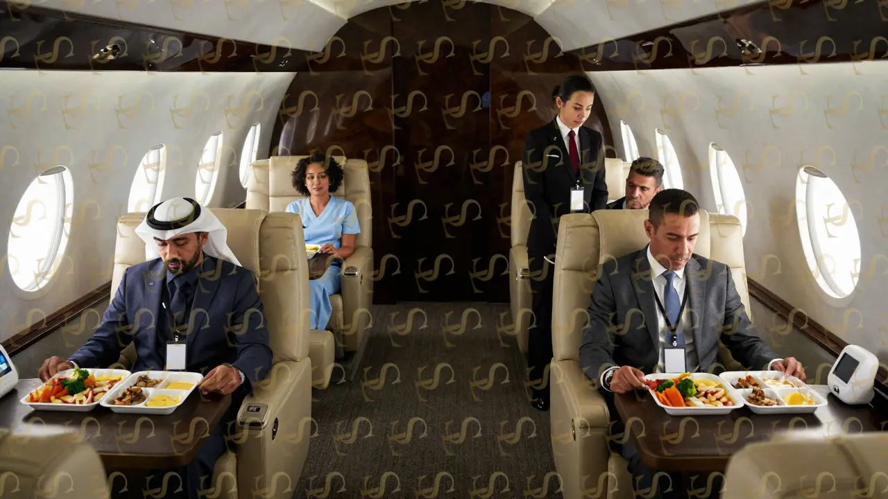 A diverse group relaxes in a private lounge, each with personal items and discreet handler support.