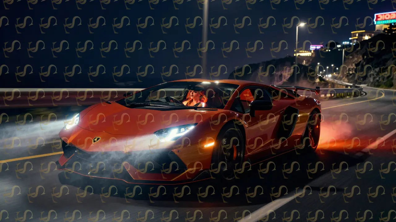 A Lamborghini Revuelto roars down a coastal highway at night, its V12 exhaust glowing against dark skies and mist.