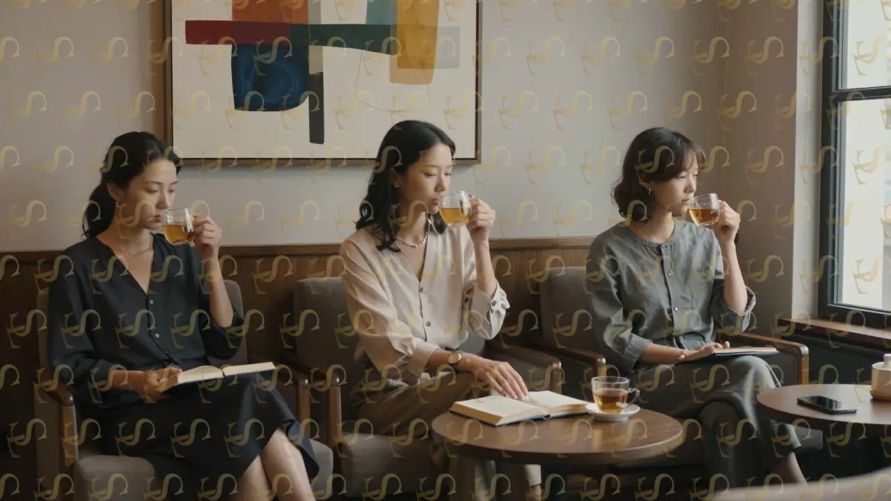 Three discreet companions sit in silent harmony in a private Dubai lounge at dawn.