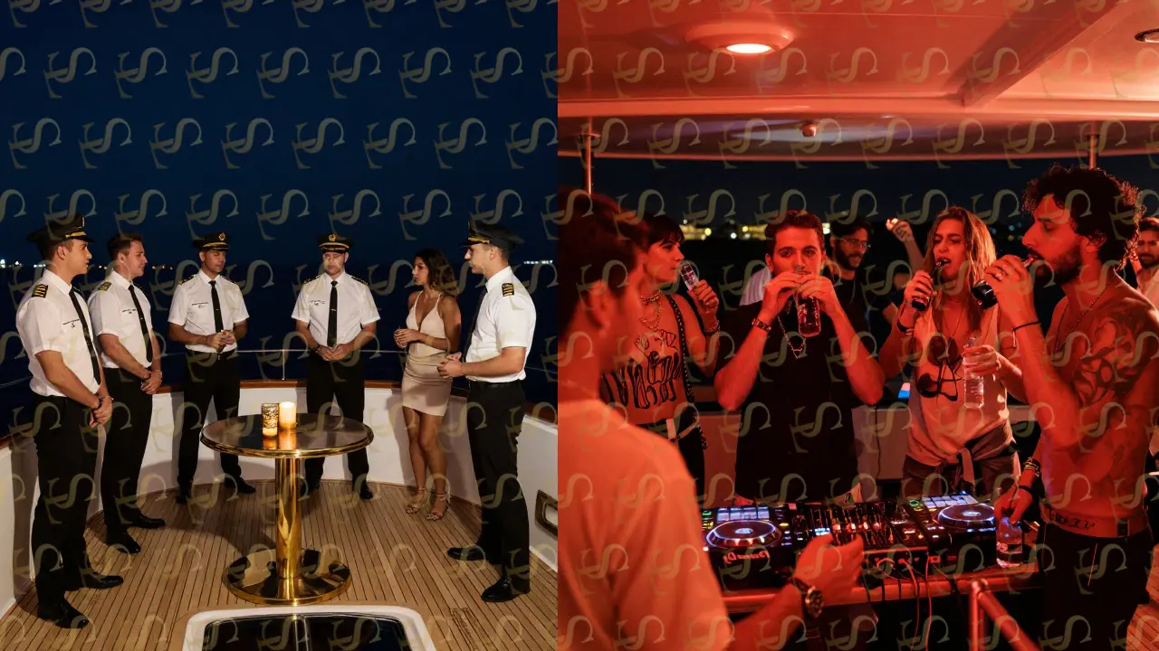 Contrasting scenes: chaotic yacht party vs. perfectly managed event with trained staff.