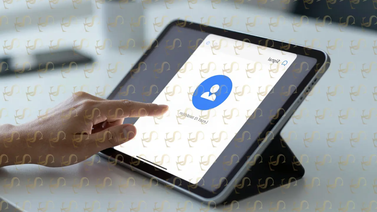 A hand typing on a locked tablet with an encrypted messaging app showing a self-deleting message timer.