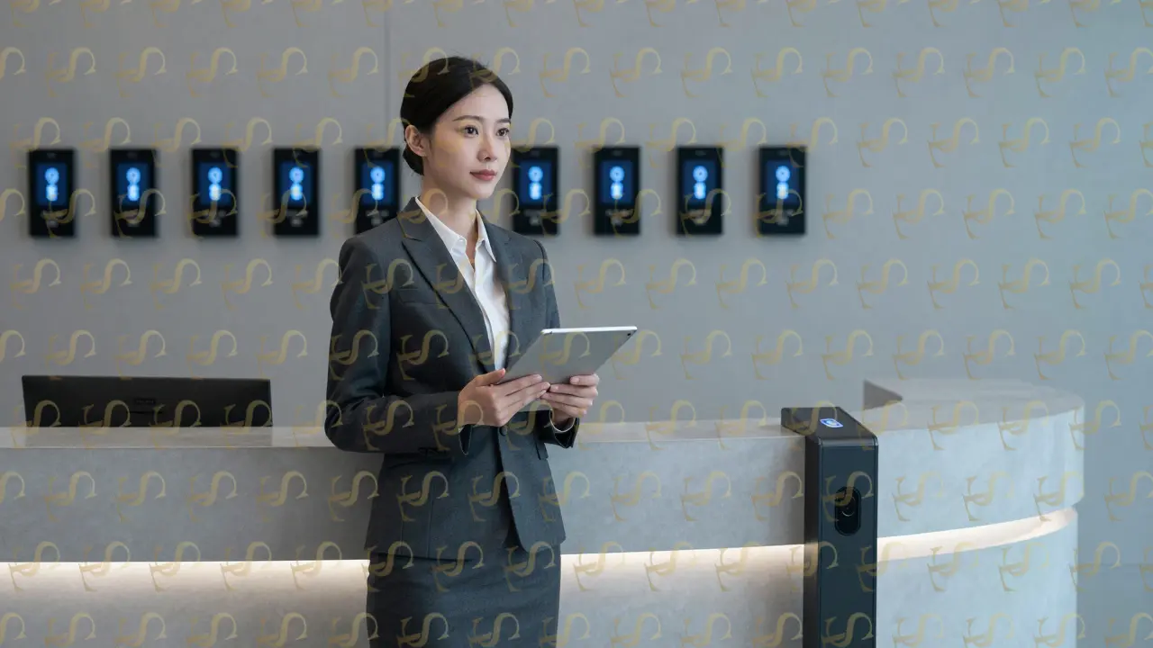 A professional woman in a tailored suit at a modern reception with encrypted keypads glowing softly.