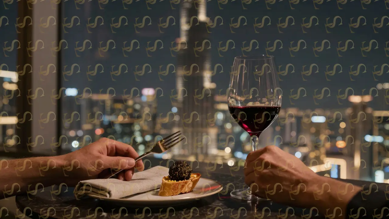 Two hands at a luxurious table in the sky: wine glass, crostini, and the glowing Dubai skyline in the background.