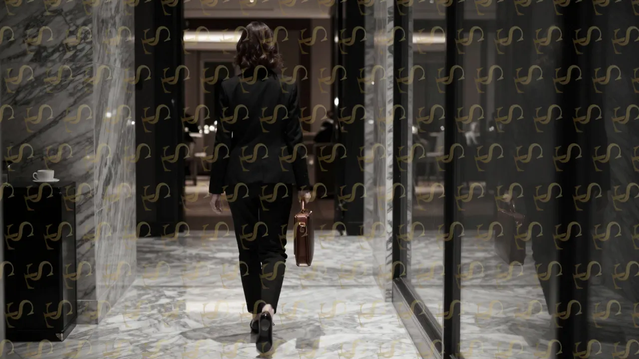 A professional companion exiting a luxury hotel after an event, alone in a quiet corridor, symbolizing discreet corporate support.