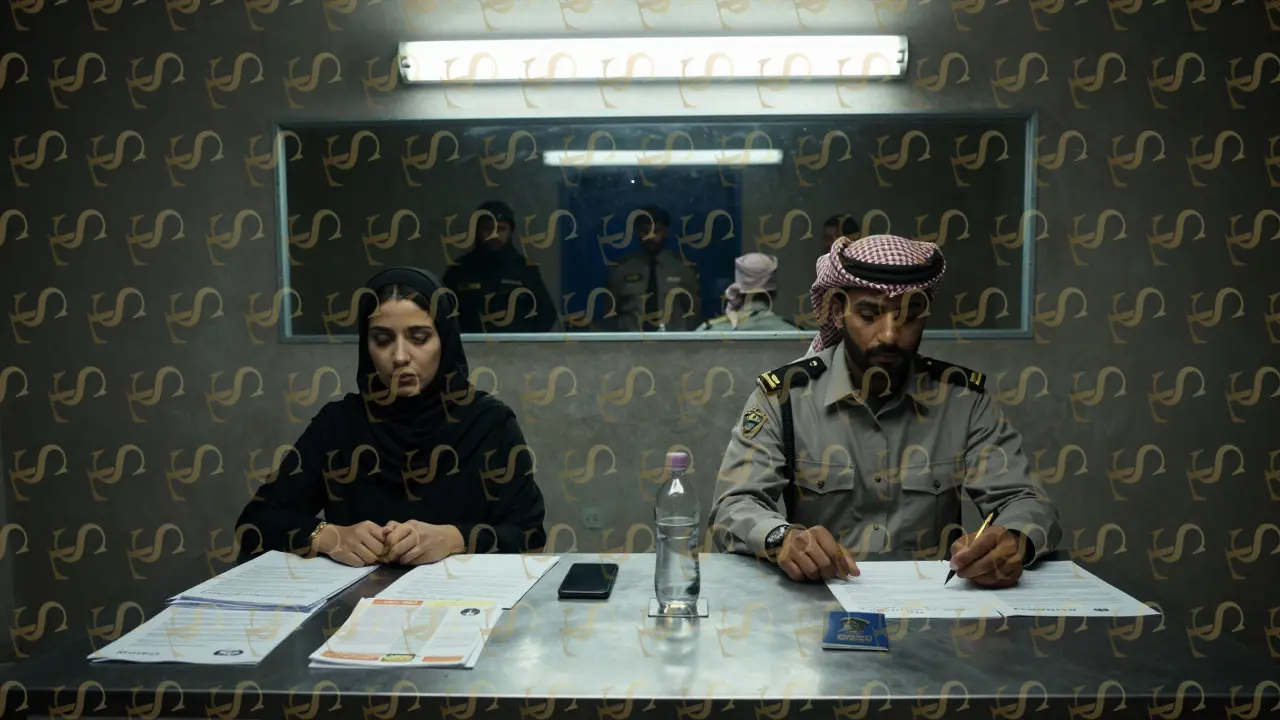 Two people seated separately in a UAE police interrogation room with documents and a confiscated passport on the table.