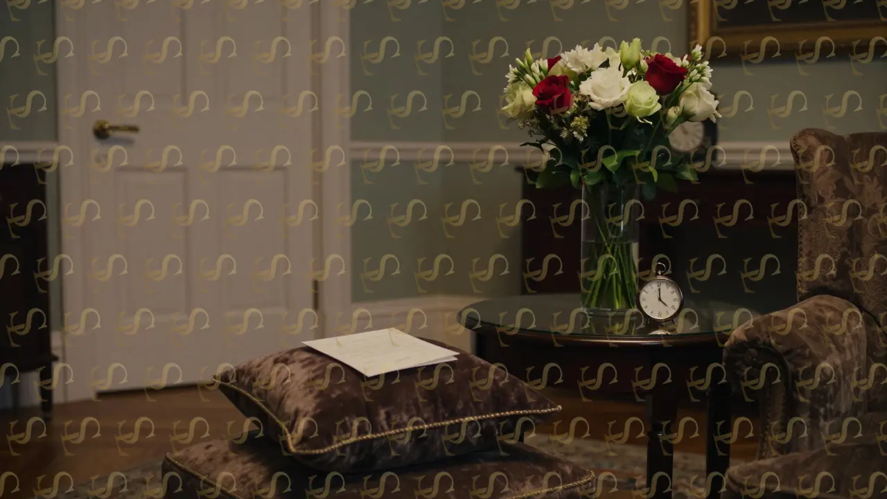 An empty elegant room with a folded note, flowers, and a watch set early—evidence of a respectful, consistent client visit.