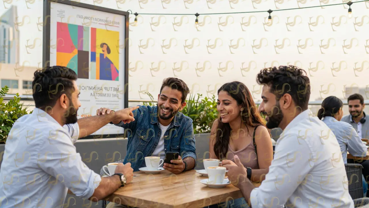Expats enjoying conversation and coffee at a rooftop lounge in Dubai.