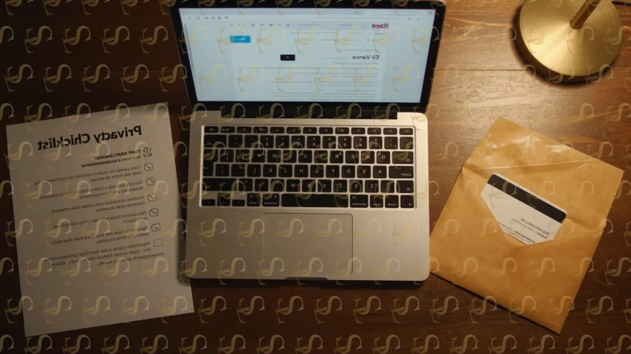 Overhead view of a privacy setup with prepaid card, burner email on laptop, and checklist for anonymous escort booking