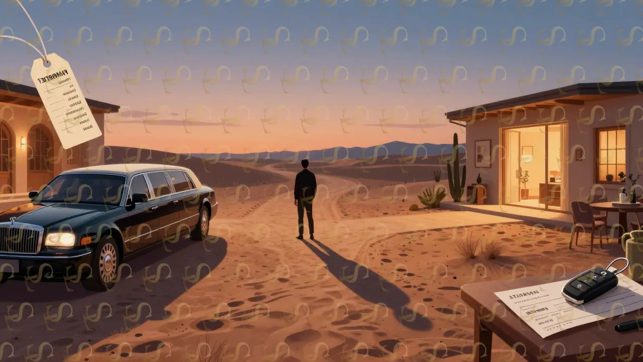 A man at a desert crossroads, one path leading to a private home with symbols of sugar dating, the other to a limousine representing elite escort services.