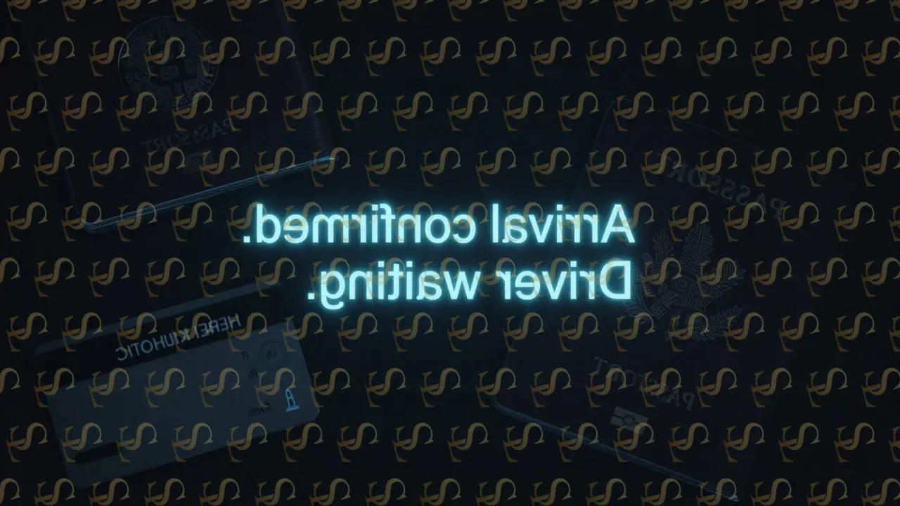 An encrypted message on a dark screen with a keycard and crypto wallet nearby, symbolizing secrecy.