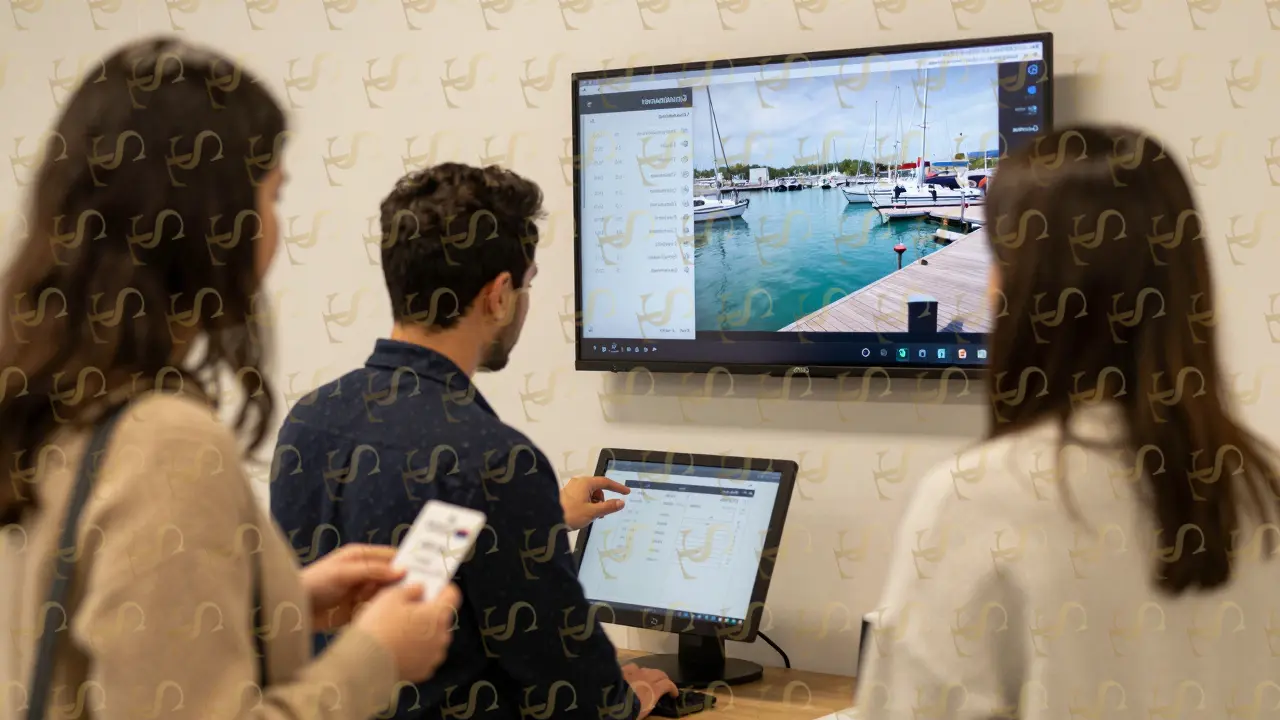 Marina staff member registering a guest's information using a digital system in the office.