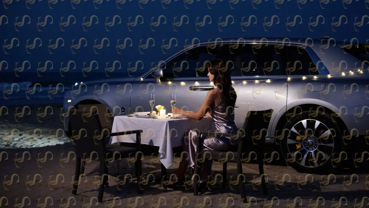 A luxury car waits at a midnight beach dinner in Dubai, with a woman's silhouette setting champagne at a table under soft lights.
