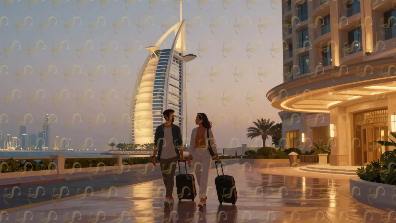 A couple arriving together at a luxury Dubai hotel on Palm Jumeirah at dusk, walking side by side with luggage.