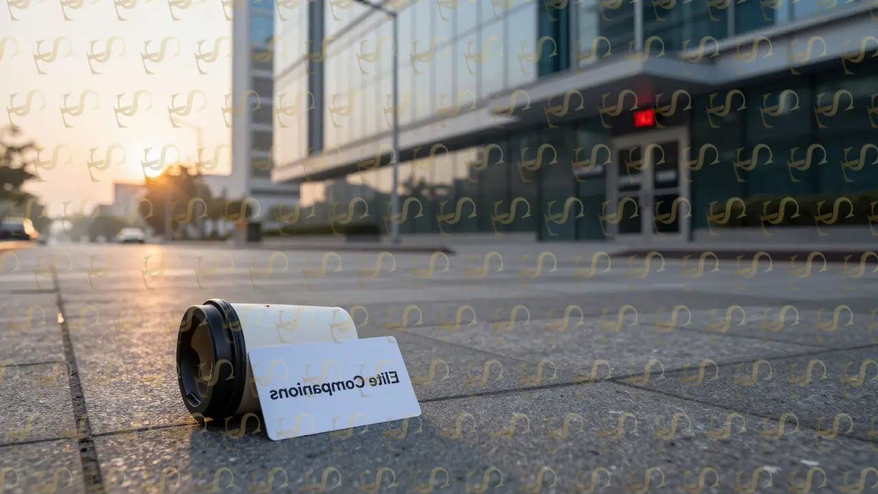 A discarded business card on a quiet Dubai street at dawn, with a blank office building in the distance.