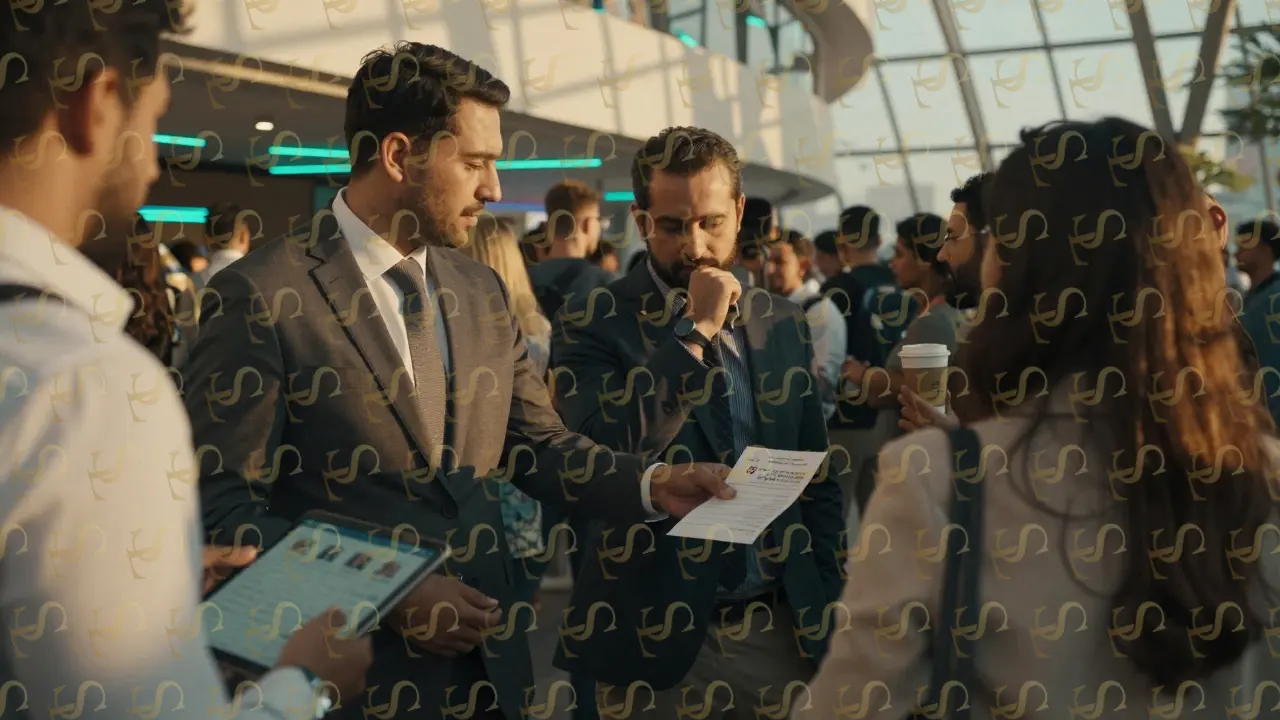 A corporate companion gently guiding a CEO away from a crowded coffee line at a global tech event.