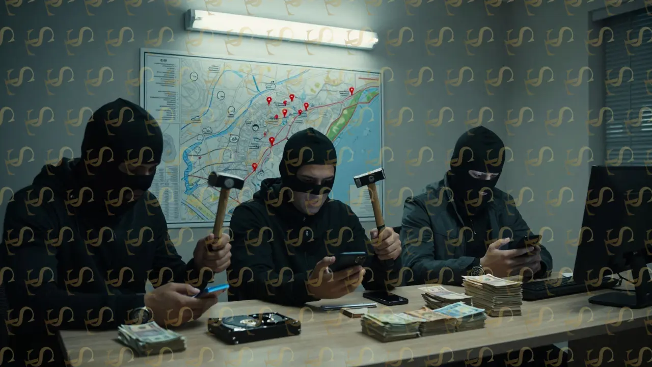 Three masked individuals in a hidden operation hub destroy devices and sort cash under flickering lights, surrounded by encrypted equipment.