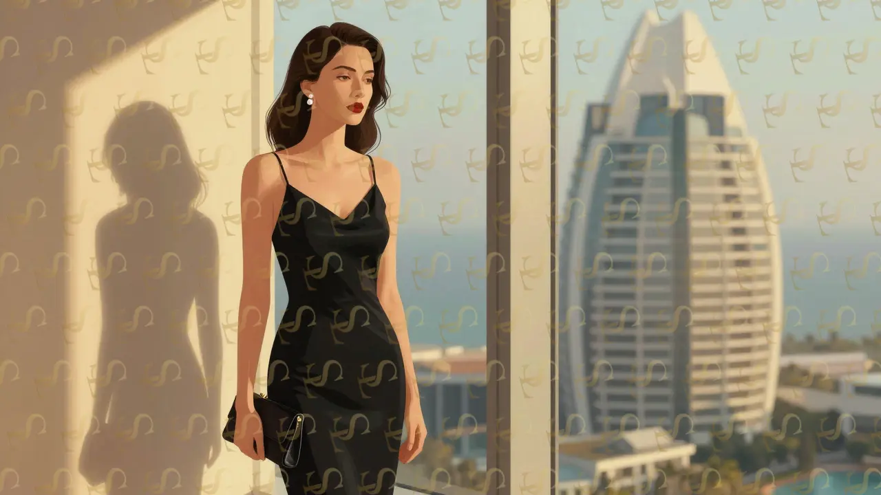 A woman in a black slip dress stands by a window at an upscale restaurant, wearing minimal jewelry and natural makeup.