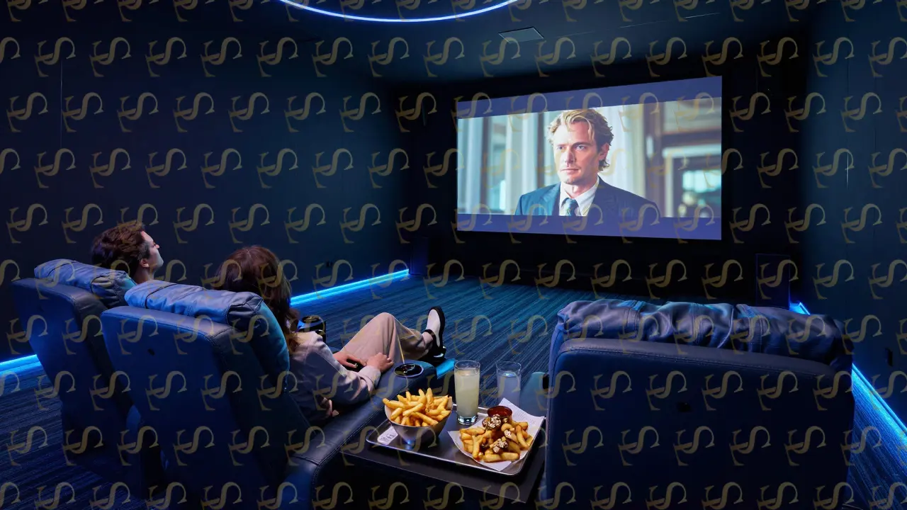 A modern private screening room in Dubai with plush recliners and ambient LED lighting, two people enjoying a film.