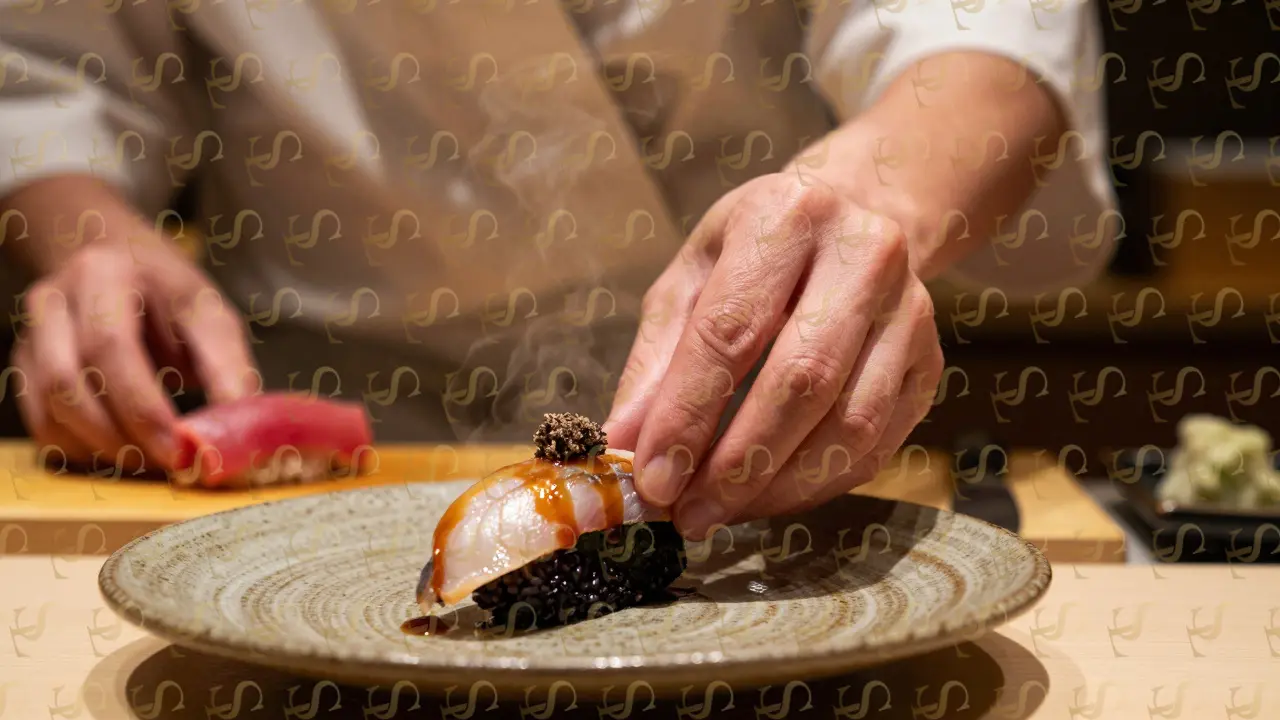 A chef placing a single piece of truffle-dusted nigiri on a ceramic plate at a sushi bar, steam rising gently.
