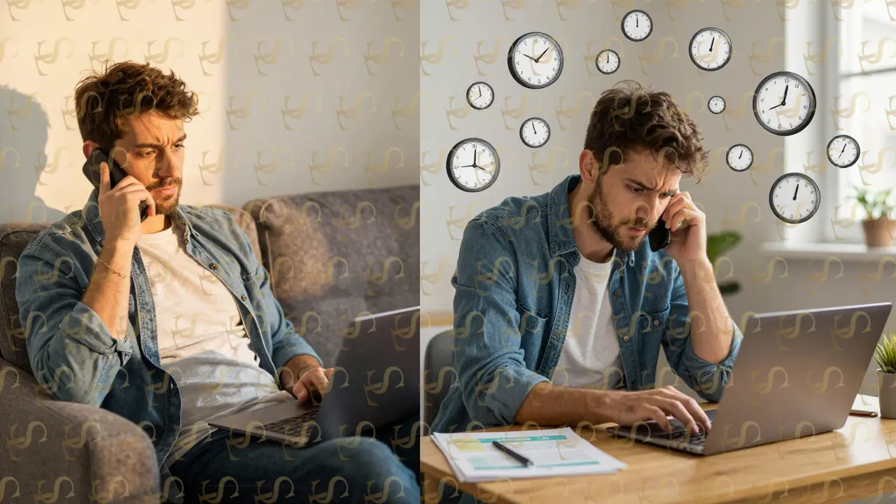 Contrasting scenes: chaotic hourly work vs. calm retainer work with relaxed posture and focused environment.