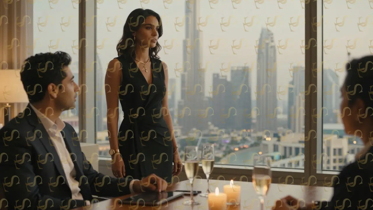 A poised woman observes a crowd from a window at an exclusive club, standing beside a tech founder.