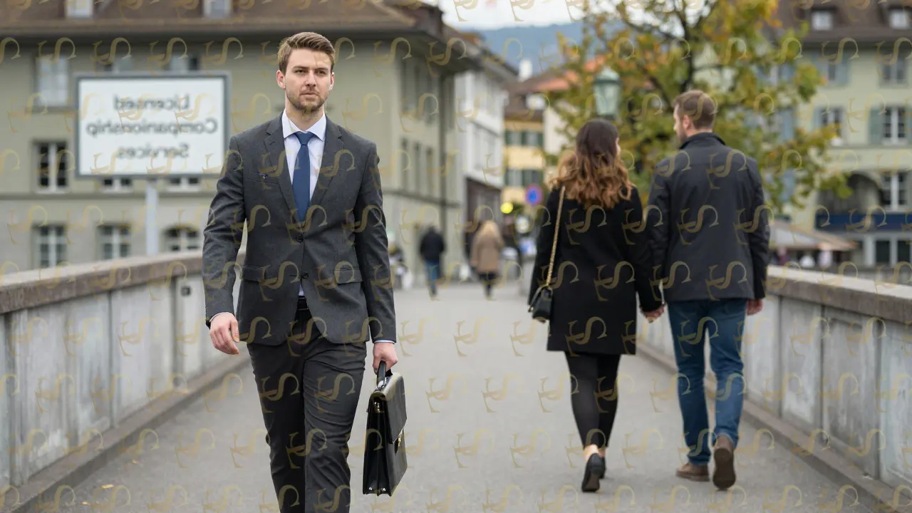 A professional escort walking through Zurich, blending into everyday life as a normalized service provider.