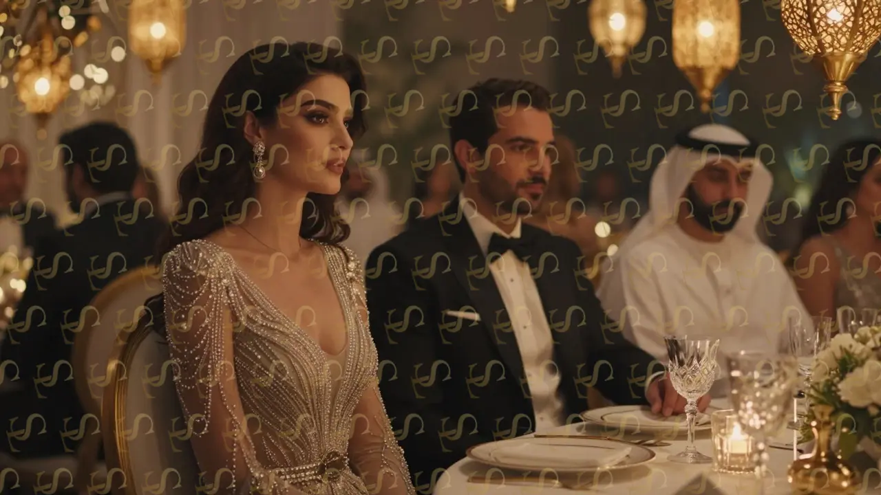 A woman in an ornate gown is seated beside her companion at a formal Dubai dinner, golden lanterns glowing above them in a quiet, elegant setting.