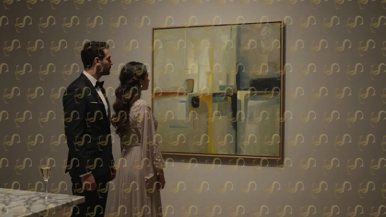 A power couple stands quietly before an abstract painting in a dimly lit Dubai gallery, elegant attire, subtle jewelry, no words needed.