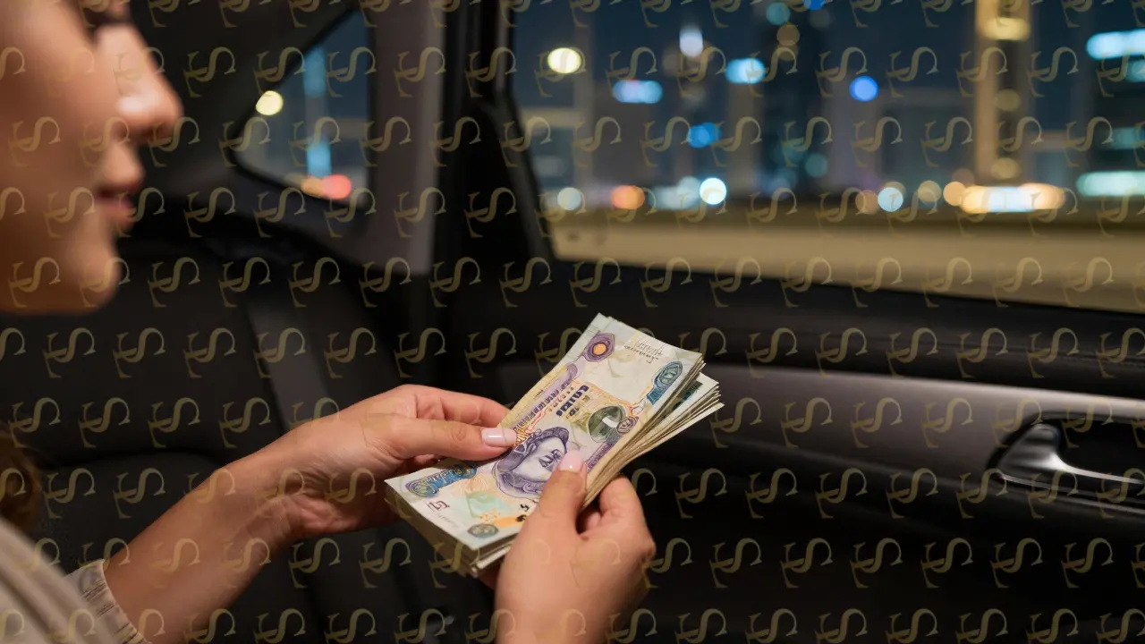 A woman's hand receives cash in a luxury car at night, Dubai’s skyline blurred outside the window.
