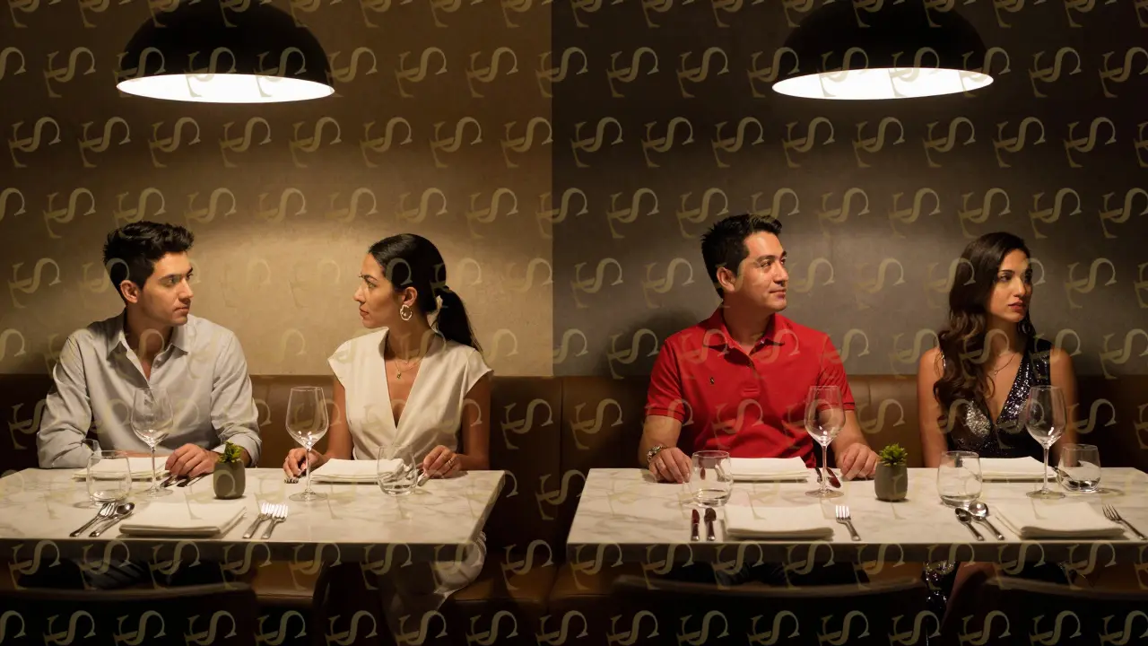 Contrasting dining scenes: one couple dressed too boldly, another elegantly minimal, highlighting unspoken dress code norms.