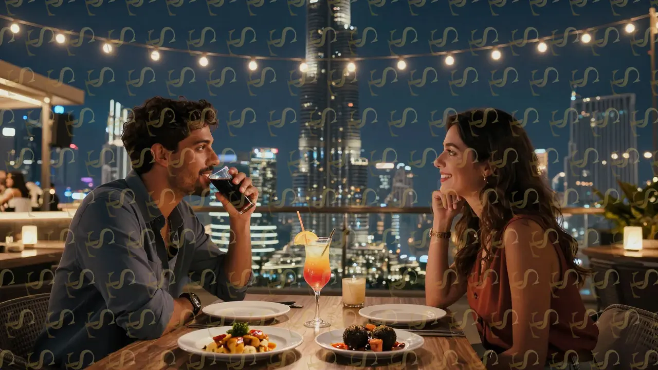Two people on a rooftop at night, city skyline glowing behind them, an empty cocktail glass between them in quiet intimacy.