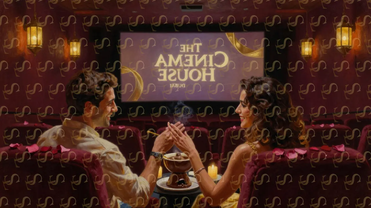 A romantic private cinema date with candlelight, rose petals, and a custom title screen displaying names.