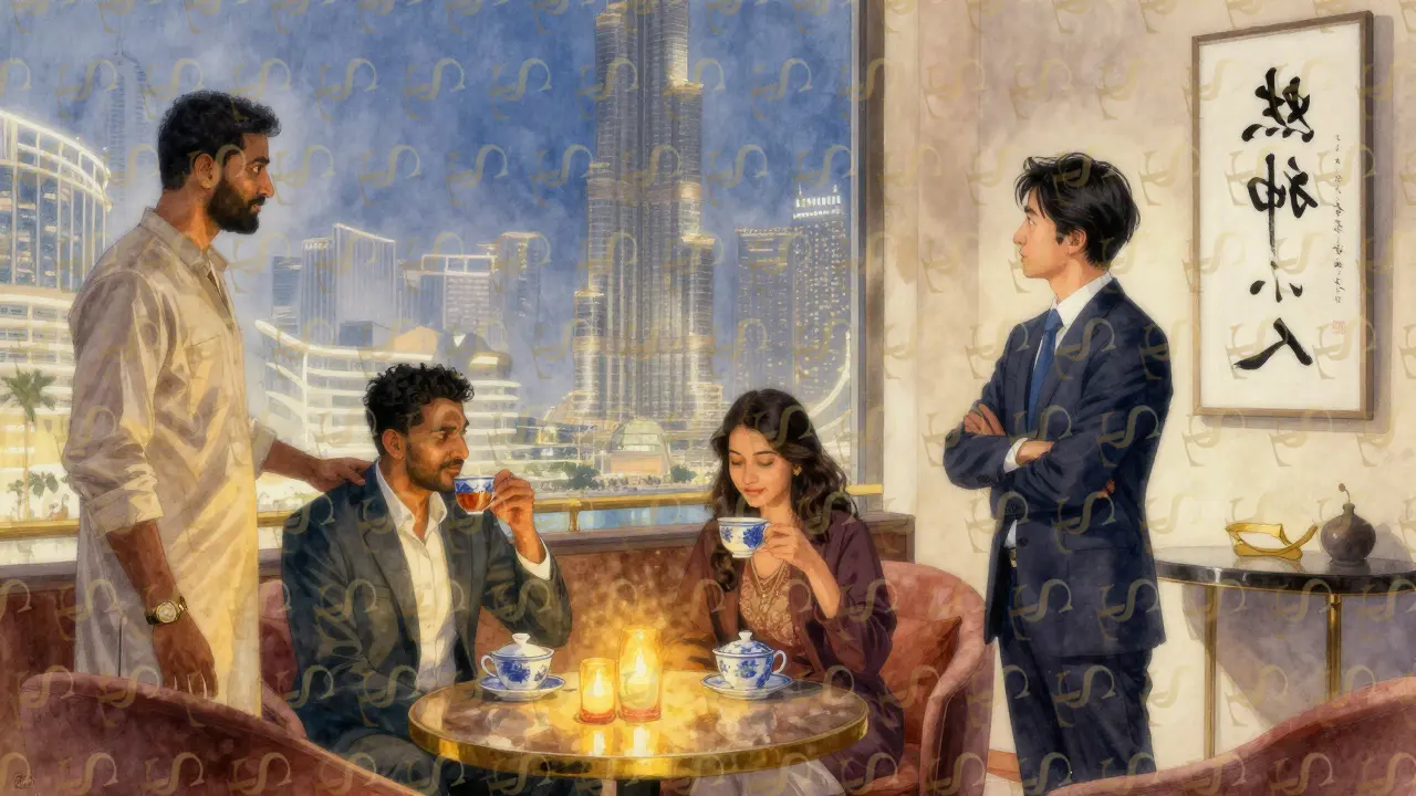 In a Dubai lounge, investors from Japan, Singapore, and India share a quiet moment as a companion subtly adjusts the ambiance to honor each culture's preferences.