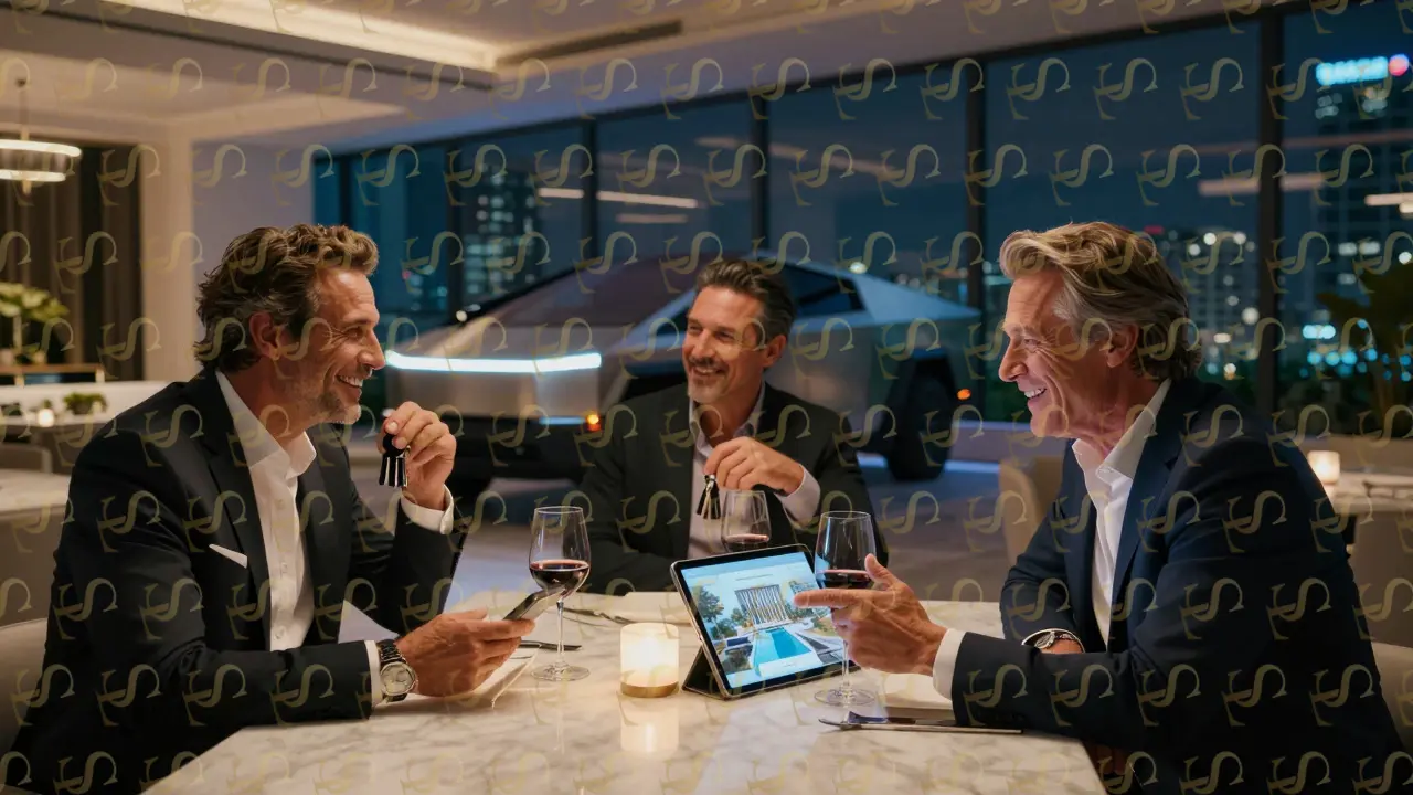Three affluent men at a Miami rooftop dinner, exchanging gifts and smiling in a moment of quiet competition.