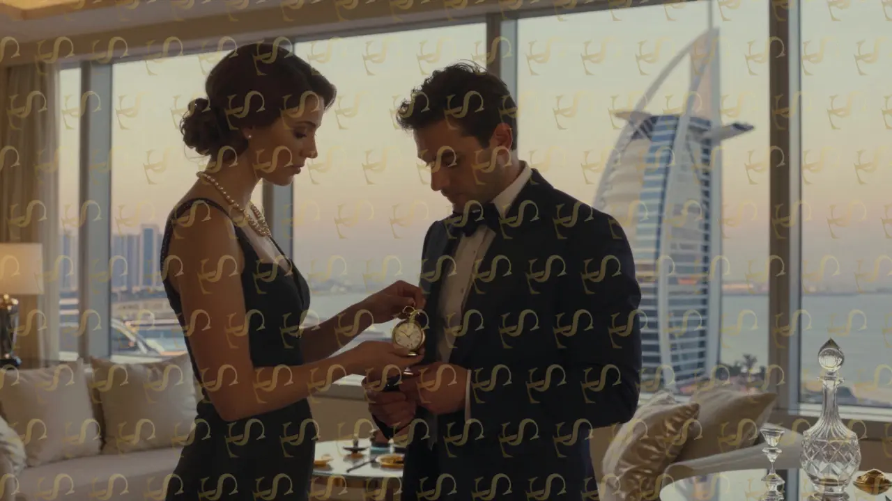 A companion gently places a watch into a man's coat in a luxurious penthouse, no words spoken.