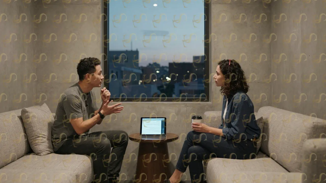 Two individuals in a minimalist lounge, sharing a deep intellectual exchange under natural evening light.
