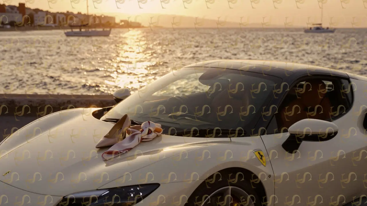 A Ferrari 296 GTB is parked at sunset on a seaside road, golden light bathing its curves as elegant accessories rest on the hood.