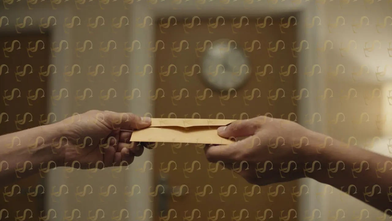 Two hands exchanging an envelope in a hotel room, conveying silent gratitude and respect.