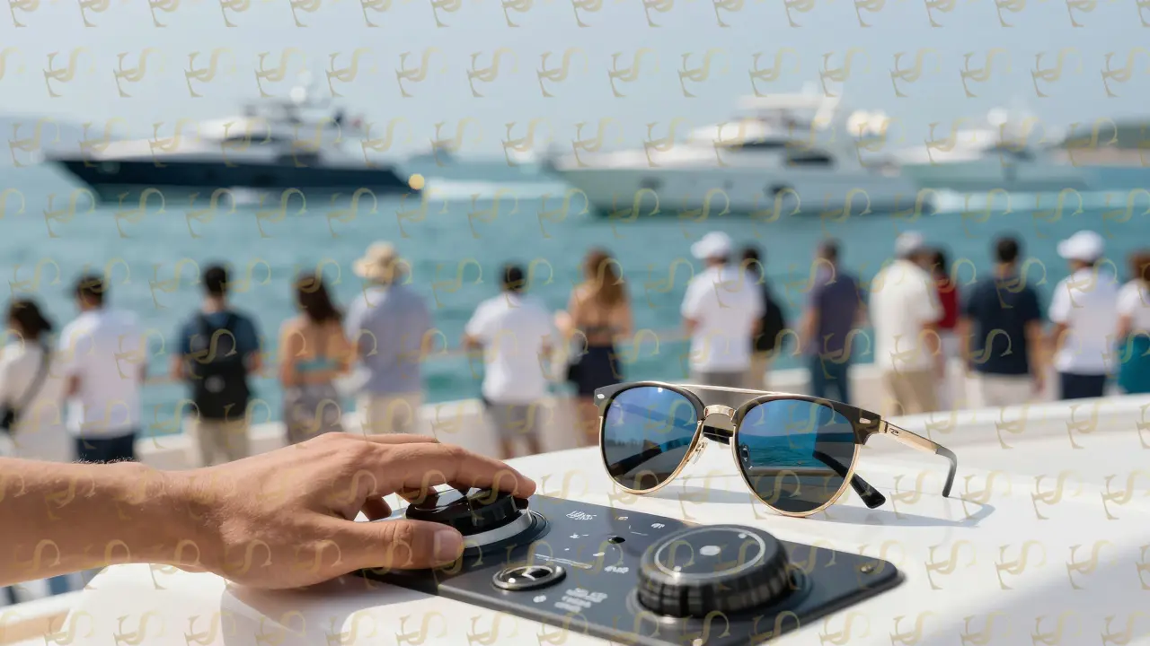 A hand on a yacht's control panel with sunglasses reflecting the horizon, symbolizing the blend of technology and personal freedom.