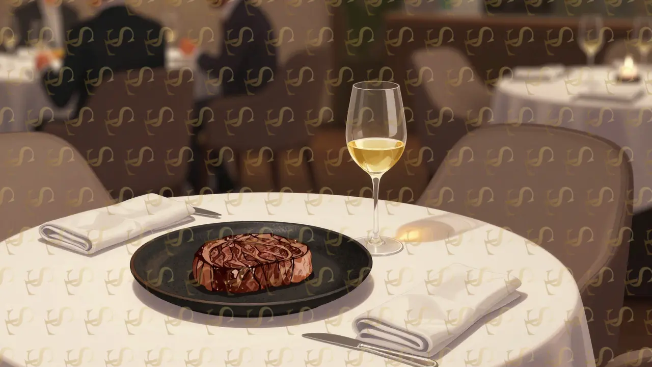 A single wagyu steak and glass of Sancerre on a black plate in a quiet dining corner, candlelight casting soft shadows, no other dishes.