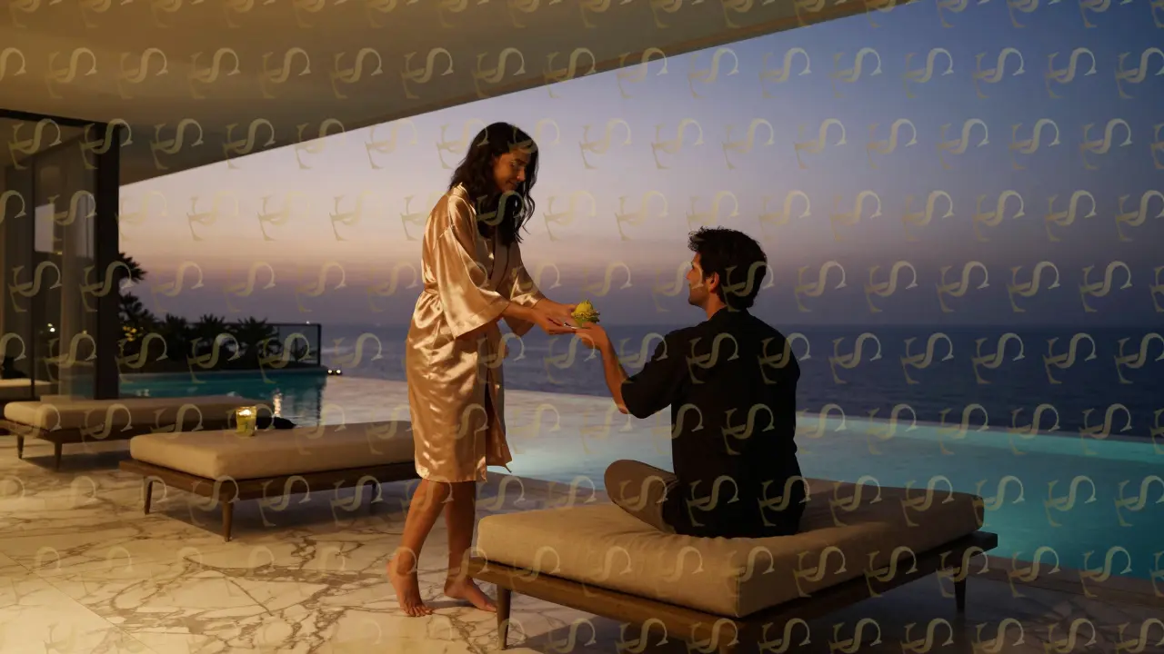 A woman in a silk robe silently offers gelato to a man on a penthouse terrace, ocean view behind them.