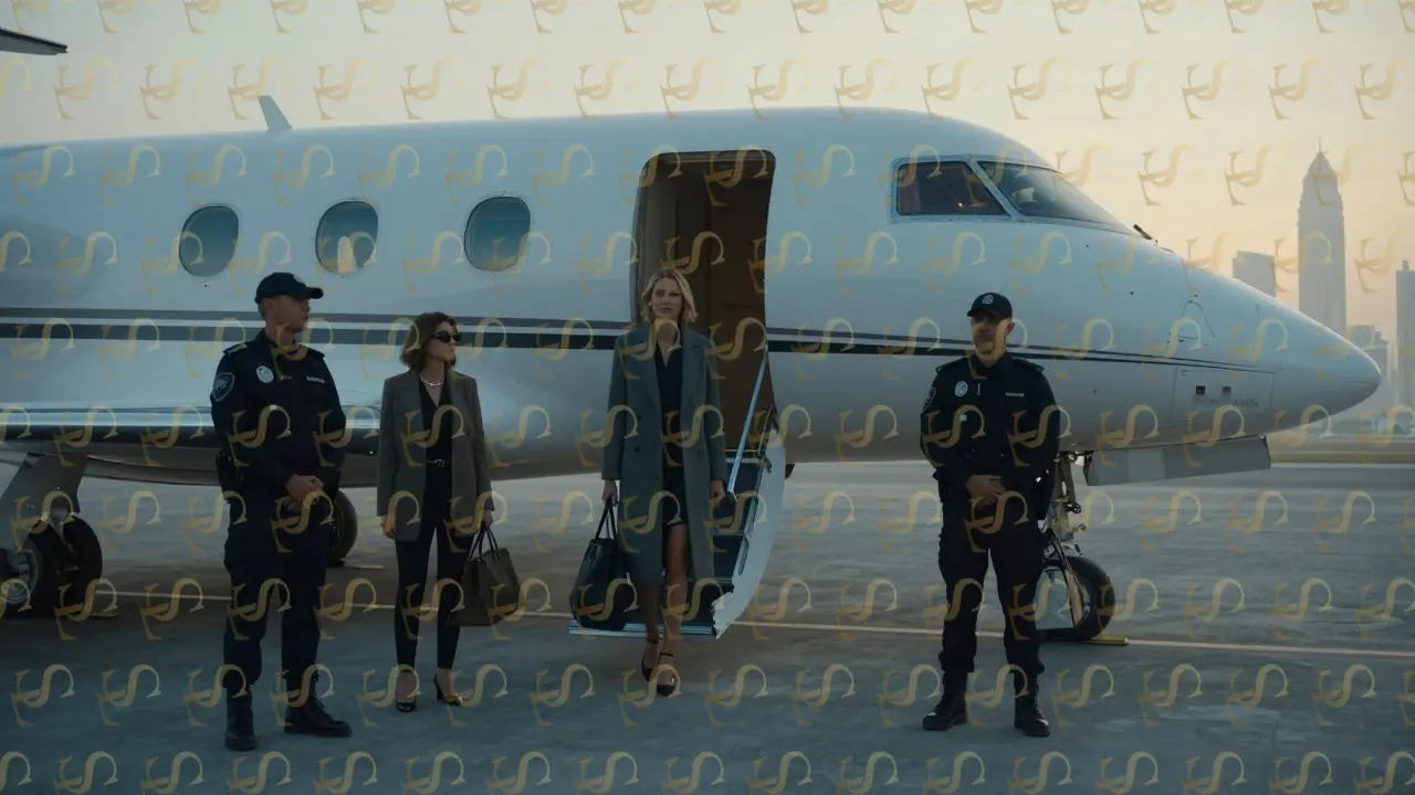 A Russian supermodel steps off a private jet at Dubai airport at dawn, flanked by security and stylist.