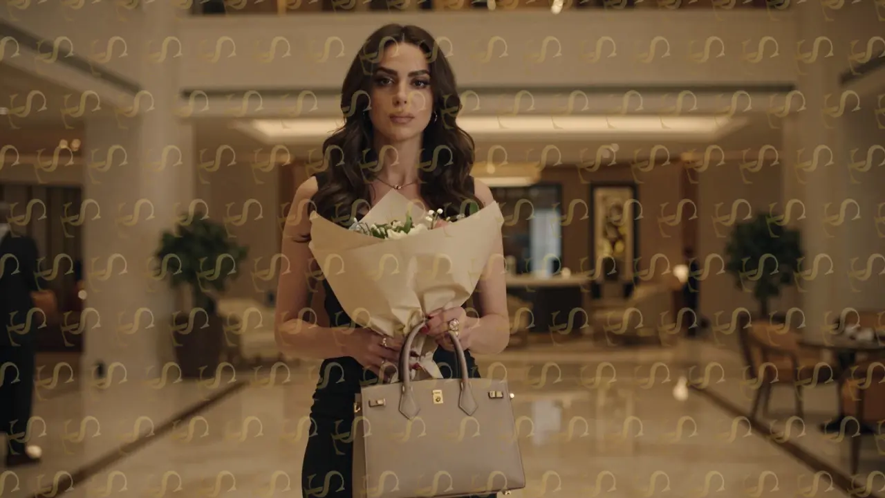 A woman holding a luxury bag wrapped in plain paper in a hotel lobby, emphasizing subtlety over brand visibility.